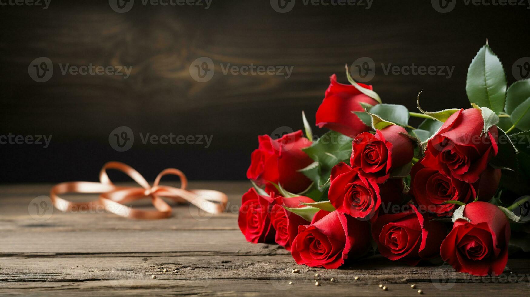 AI generated Red roses on wooden background. Valentines day background with copy space photo