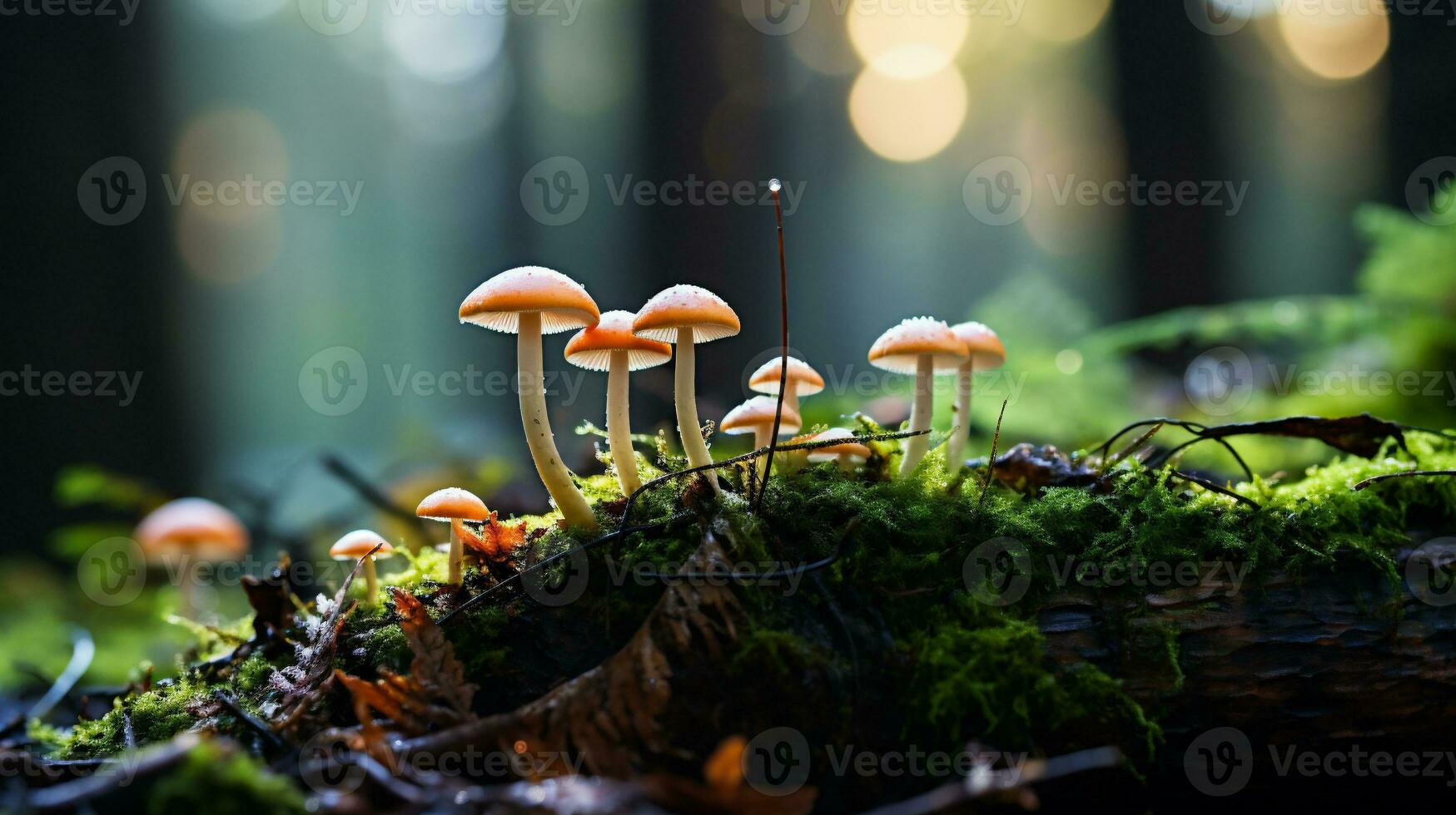 AI generated Mushrooms growing on a mossy tree trunk in the forest photo