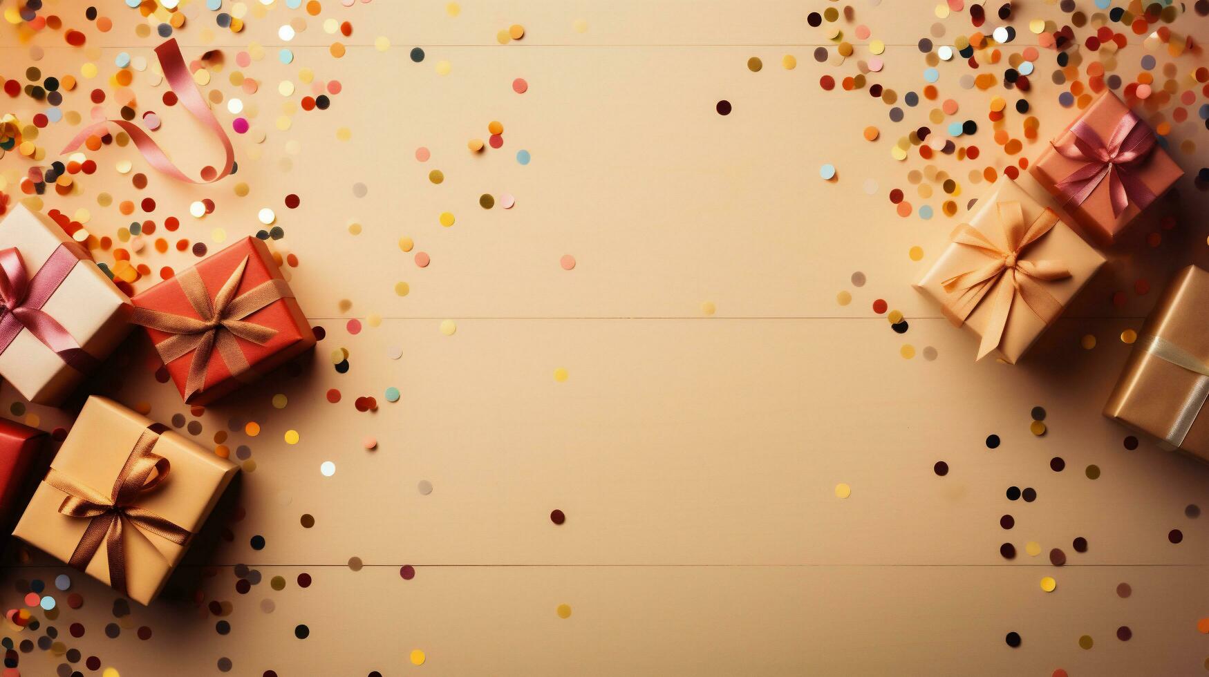 AI generated Gift boxes and confetti on wooden background. Top view with copy space photo