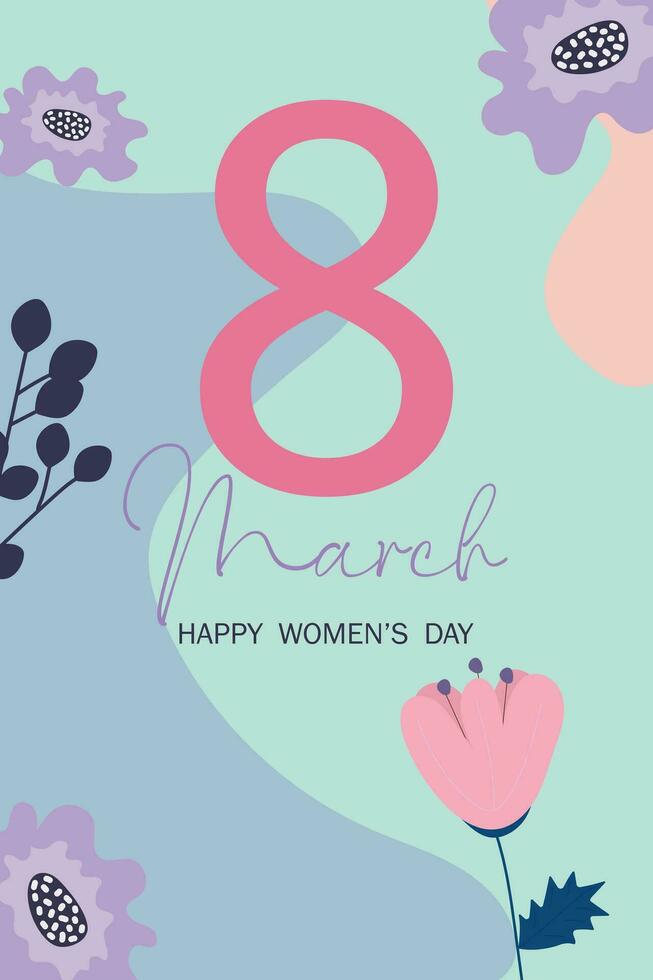 contento De las mujeres día marzo 8 saludo tarjeta en un floral antecedentes. vector