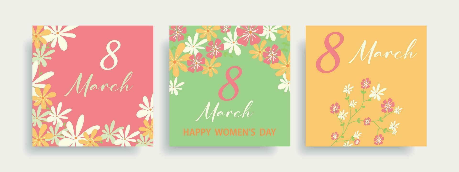 A set of cute cards for March 8th with daisies. vector