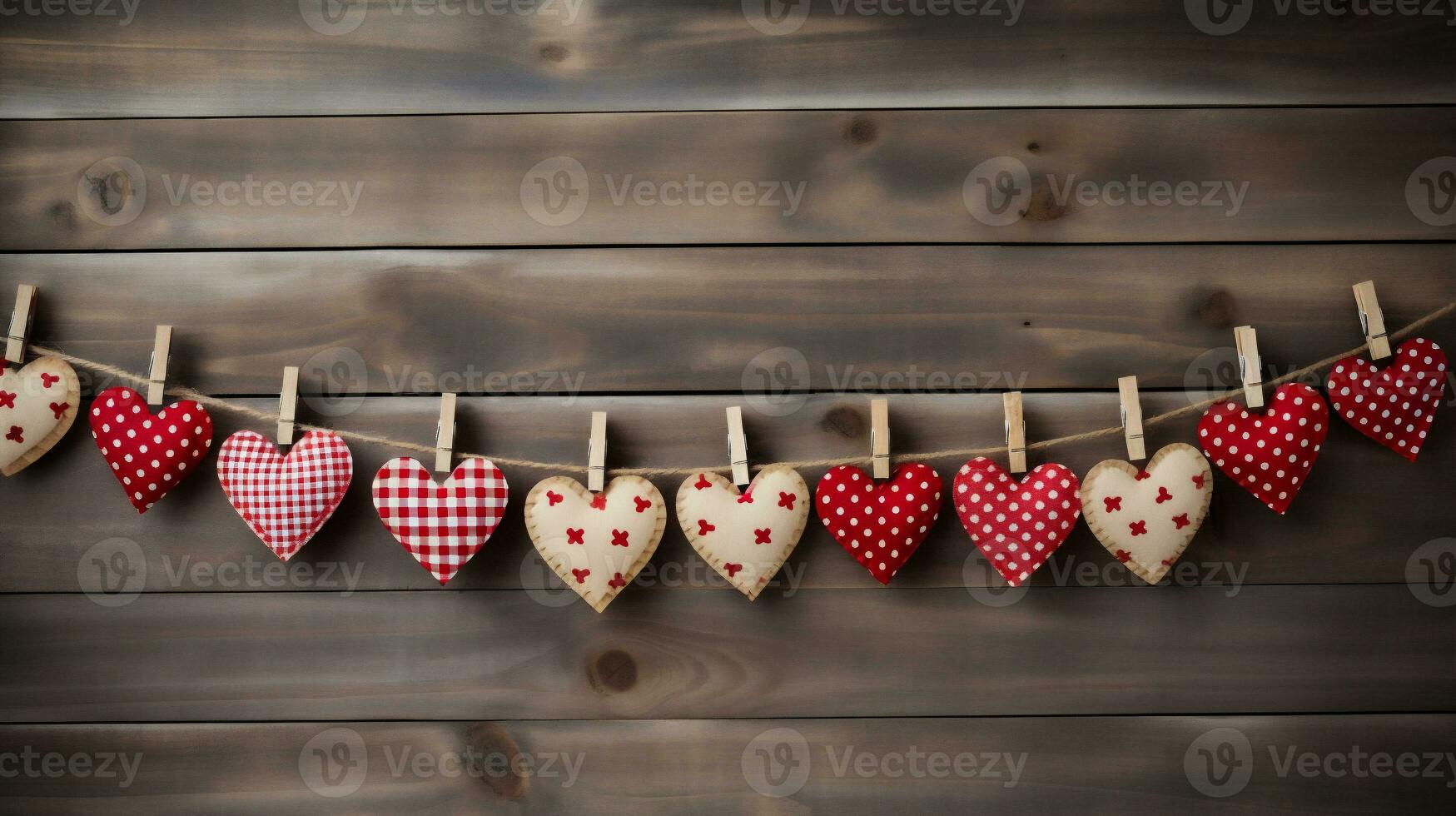ai generado San Valentín día corazones colgando en tendedero en de madera antecedentes foto