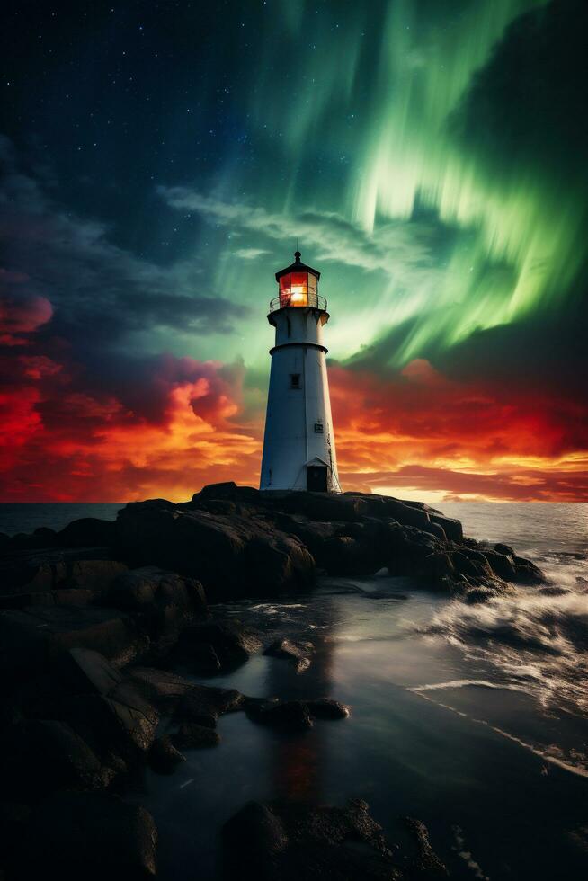 AI generated Aurora borealis over a lighthouse at sunset. Northern lights. photo