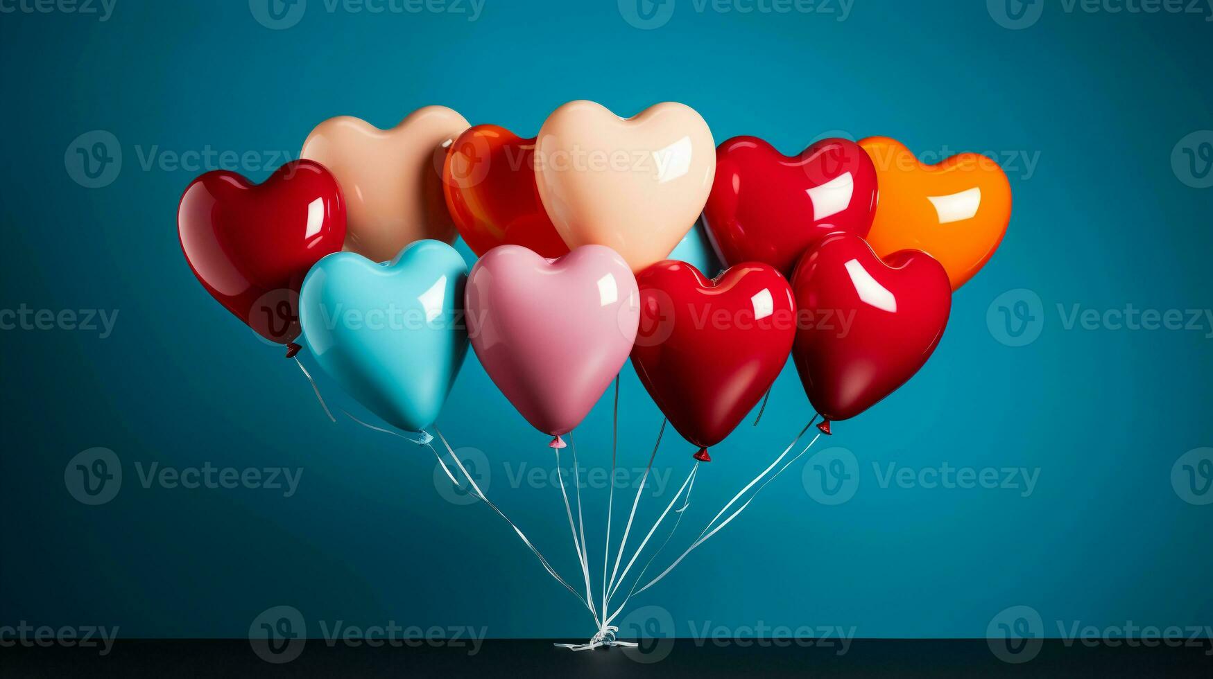 AI generated Valentine's day background with red heart-shaped balloons. photo