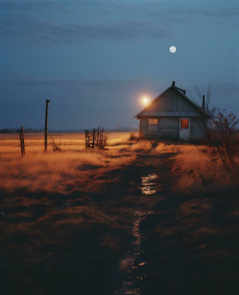 AI generated Abandoned farm house in the fog at sunset. Rural landscape. photo