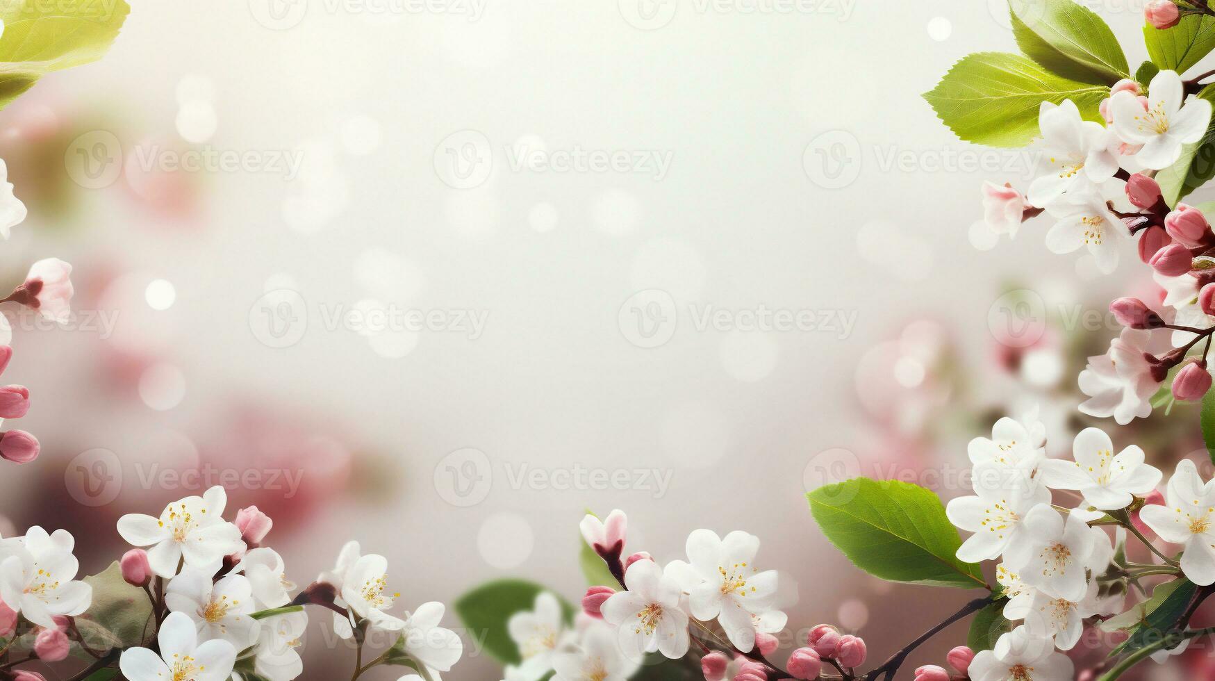 AI generated Spring blooming branch with white flowers on blue bokeh background photo