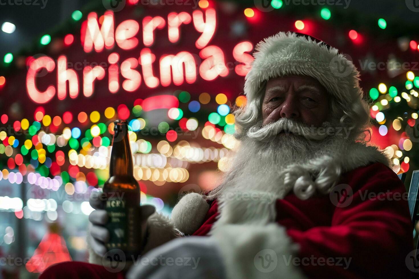 AI generated Santa Claus with a bottle of beer on the background of Christmas lights photo