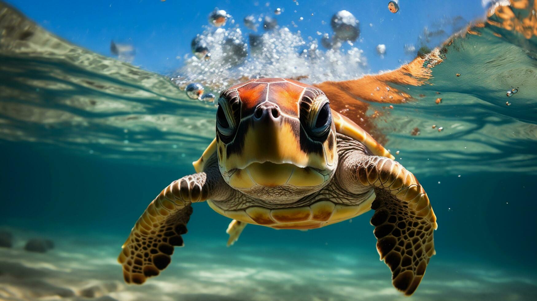 AI generated Sea Turtle swimming in blue water with splashes of water, close up photo