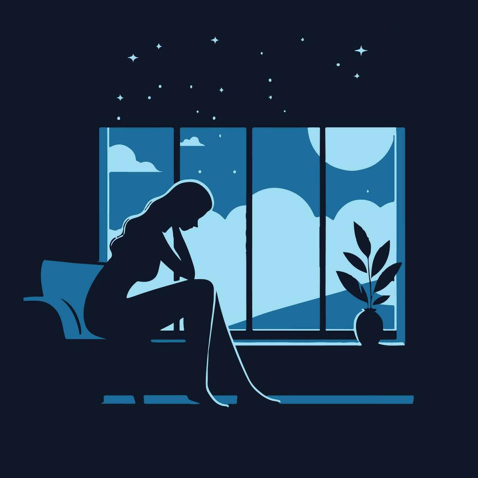 triste mujer sentado en el antepecho a noche. vector ilustración.