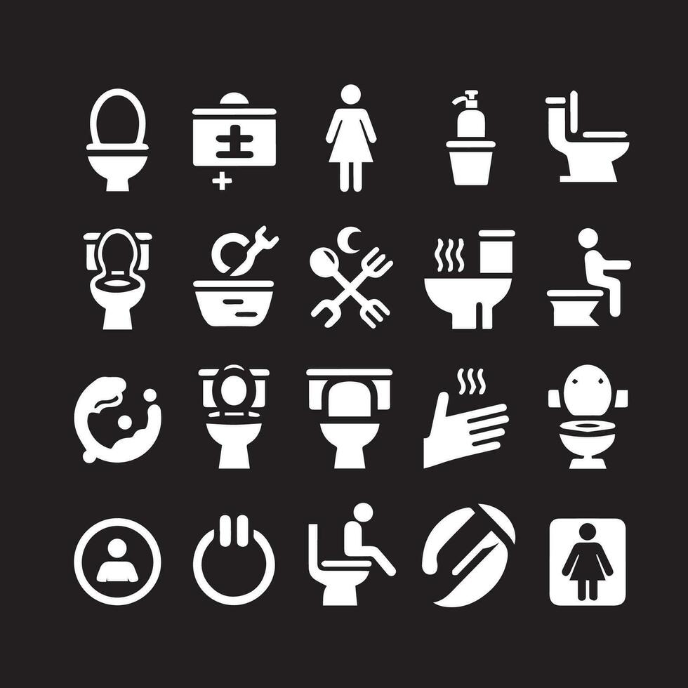 Toilet icons set. Vector illustration. White on black background.