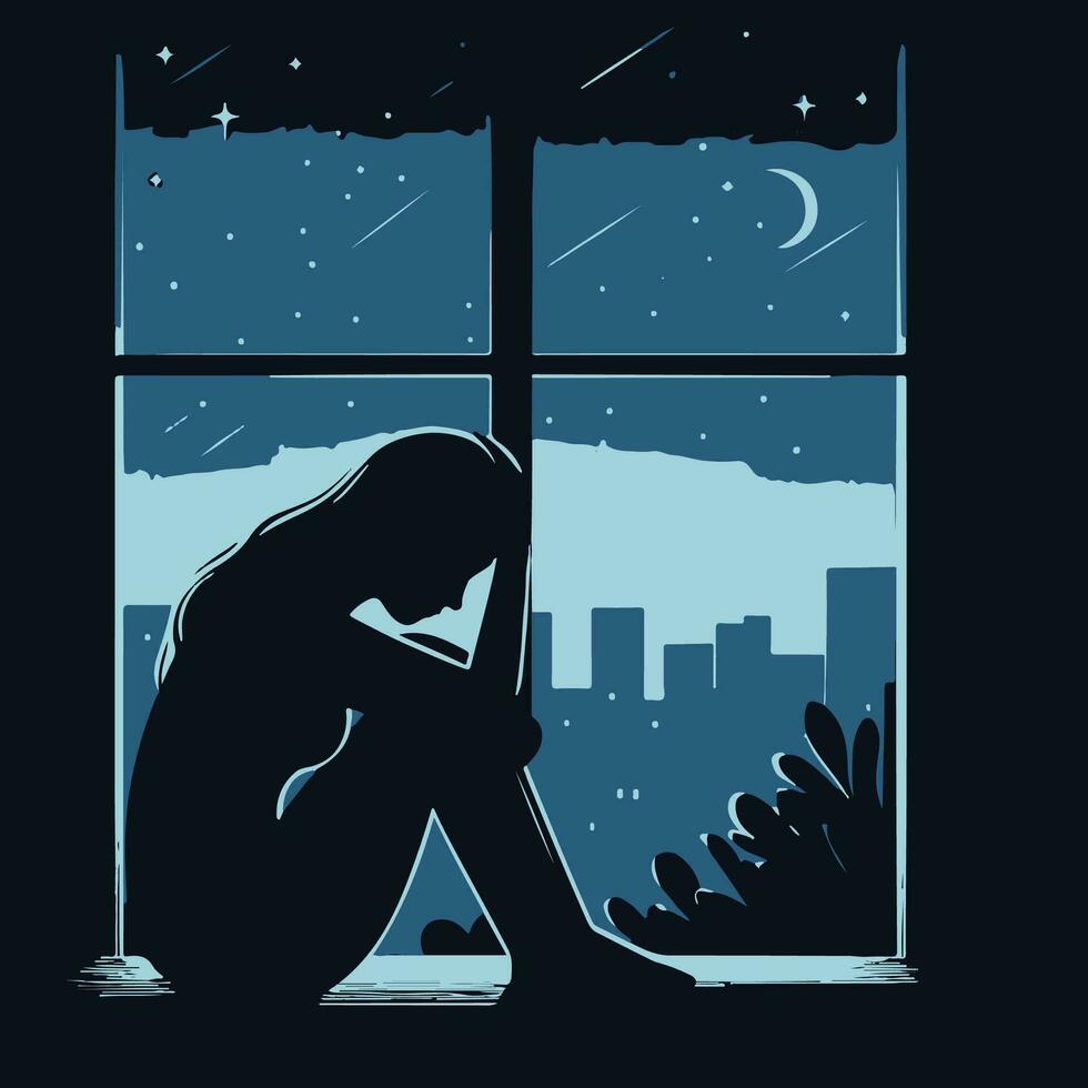 triste mujer sentado por el ventana a noche. vector ilustración en plano estilo.