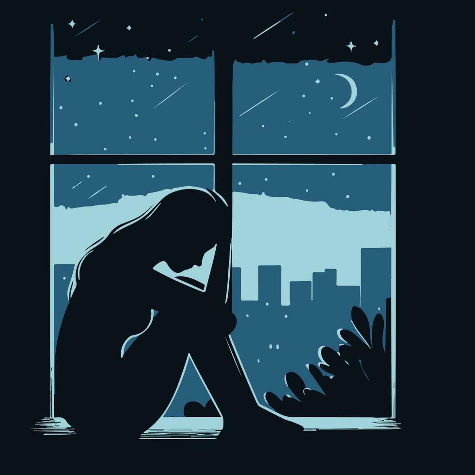 Sad woman sitting by the window at night. Vector illustration in flat style.