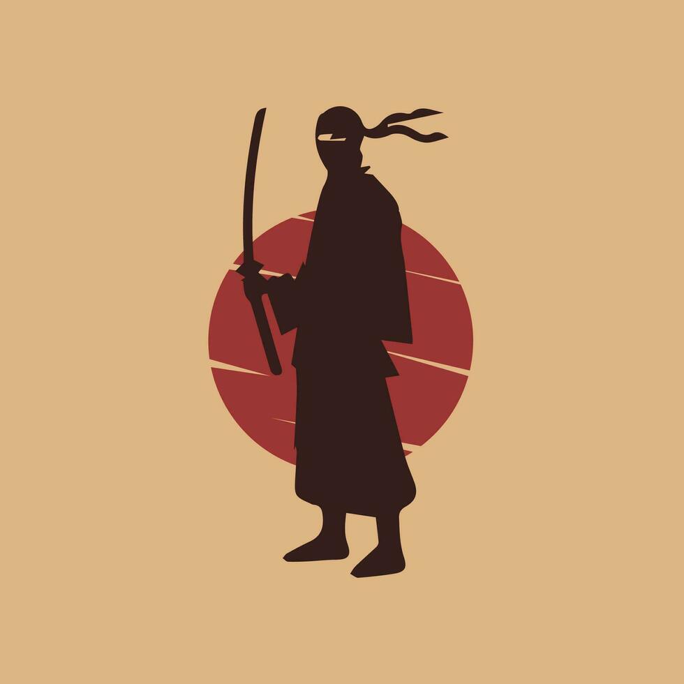 Ninja with a sword. Silhouette vector illustration.