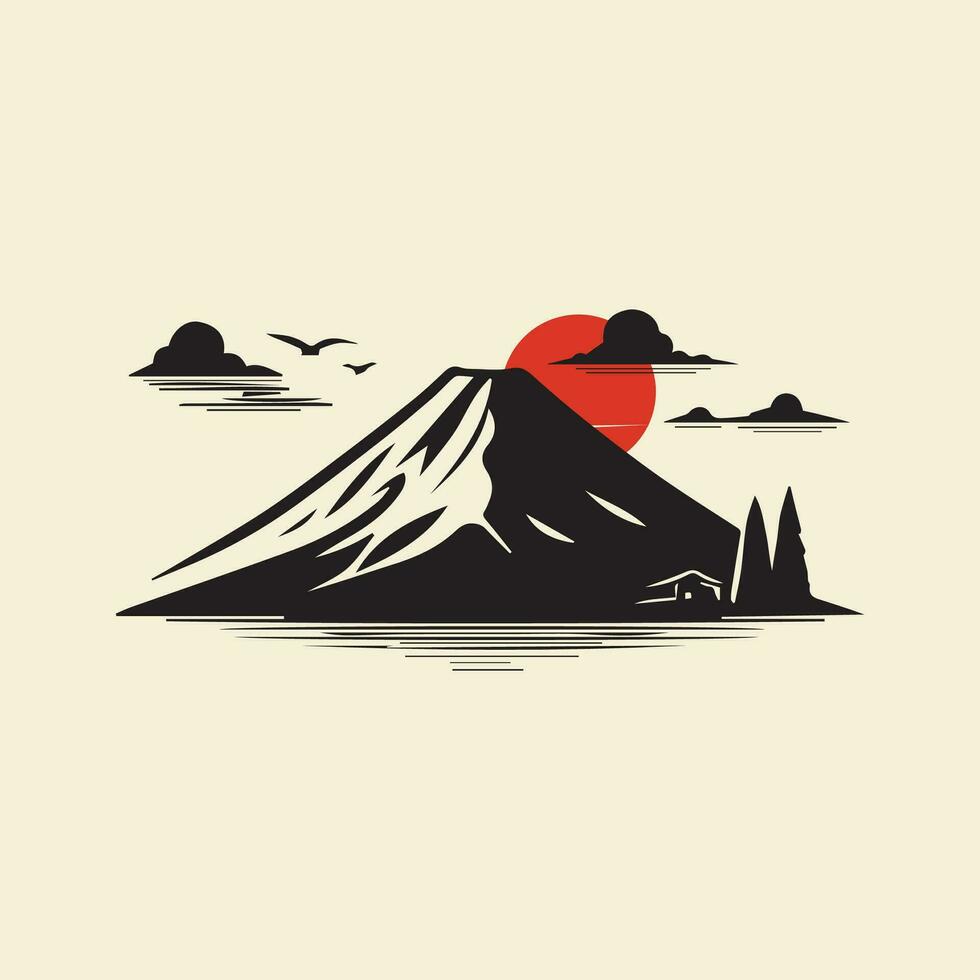 Mountains and sun. Silhouette of the volcano. Vector illustration