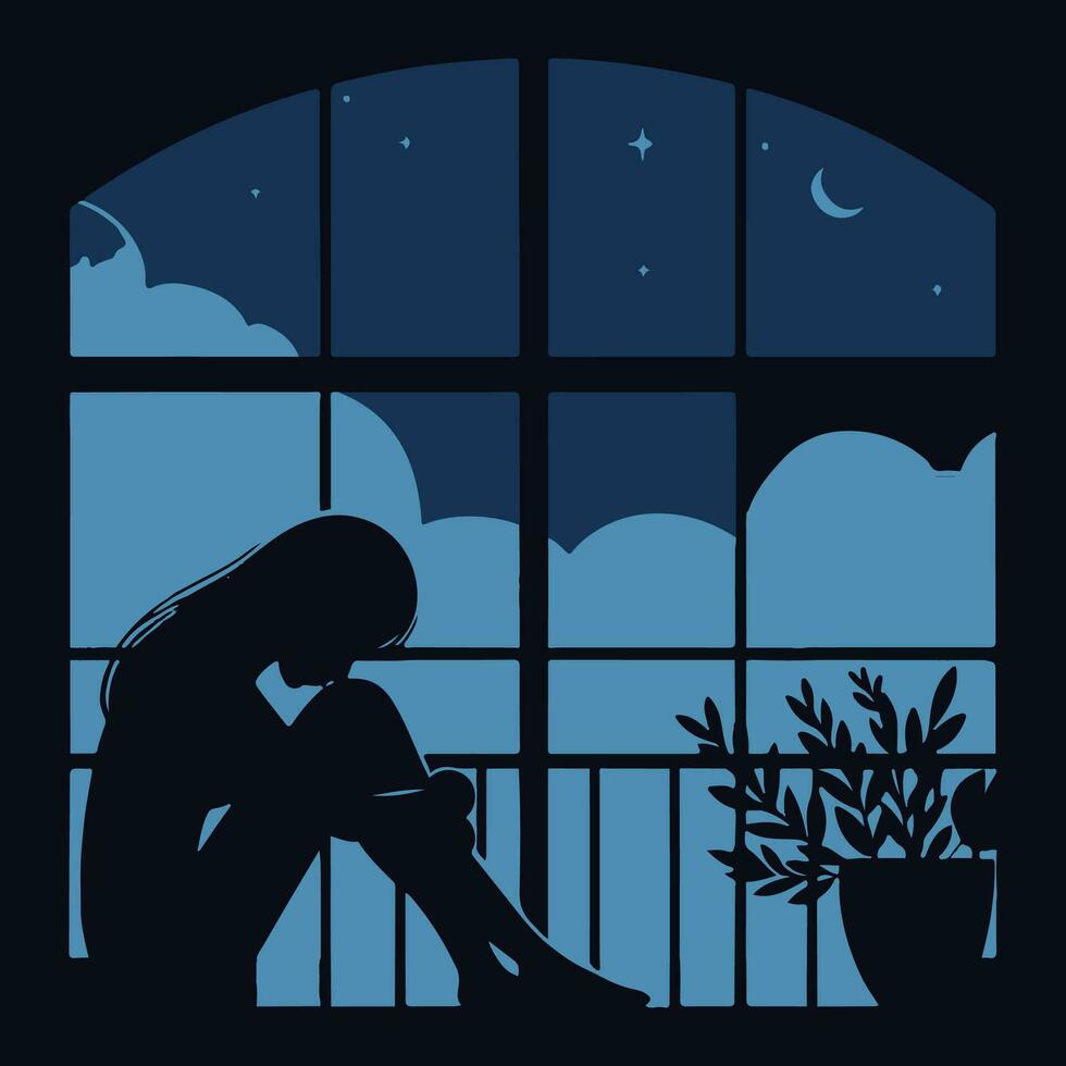 Sad woman sitting on the balcony near the window at night, vector illustration