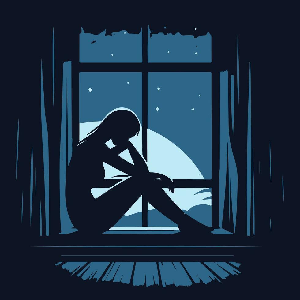 Sad woman sitting at the window, vector illustration. Depression and depression concept