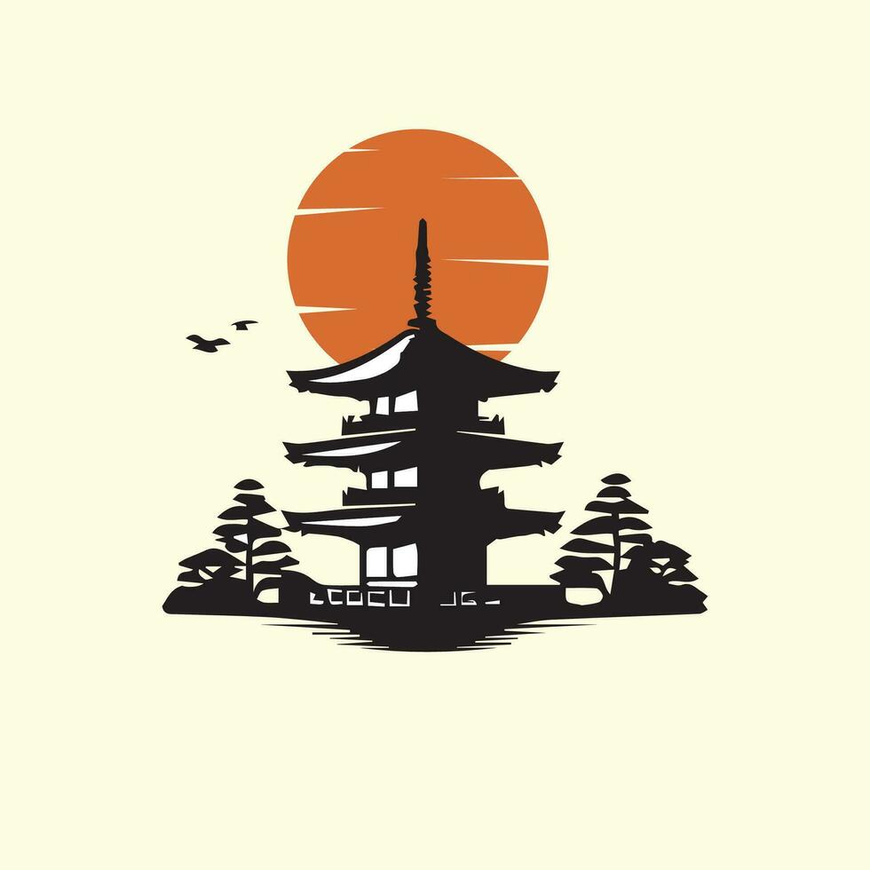 Silhouette of pagoda and japanese temple. Vector illustration.