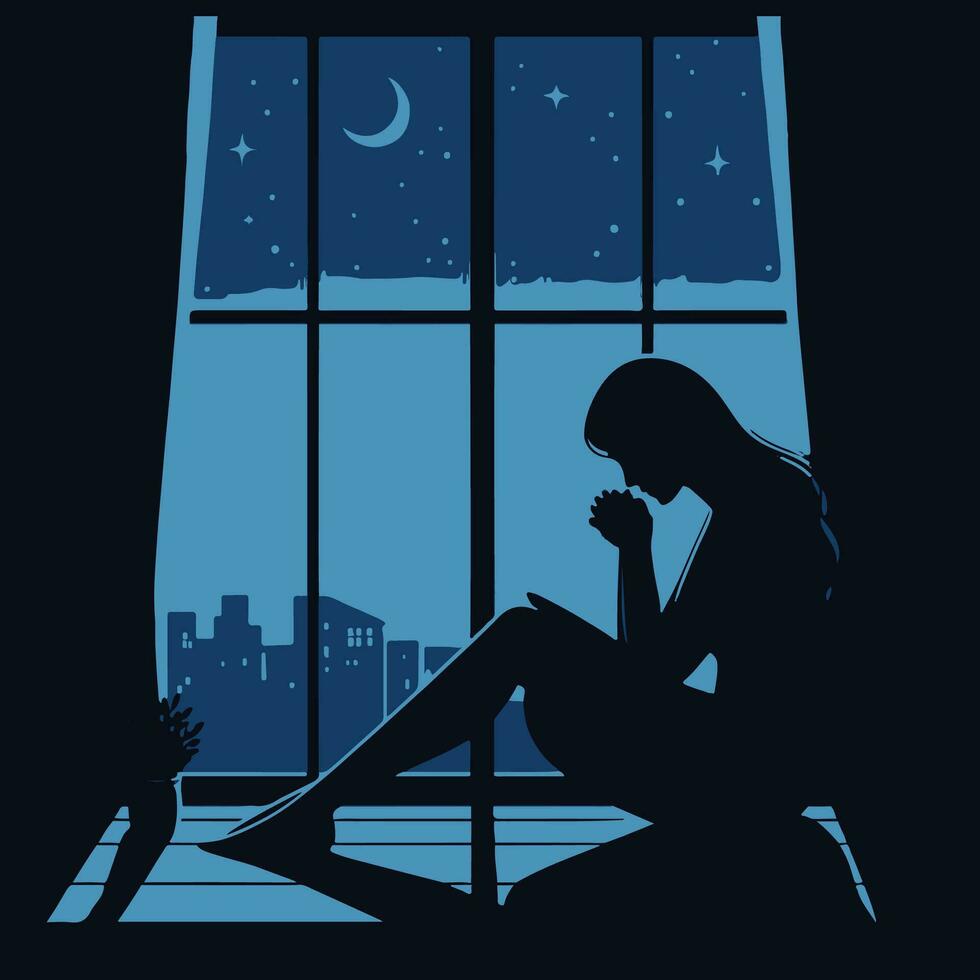 Silhouette of a woman sitting near the window at night. vector