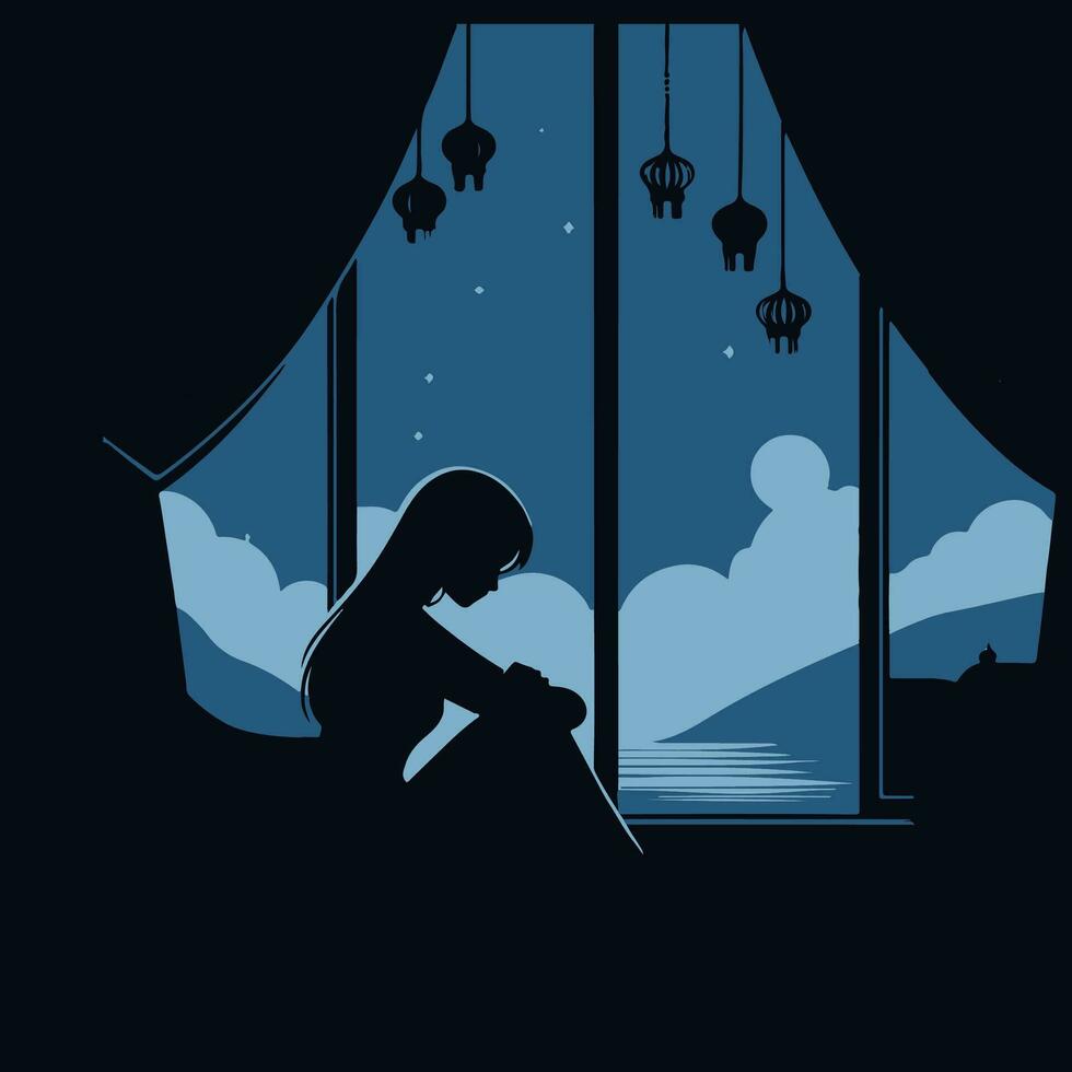silueta de un mujer sentado en frente de el ventana a noche vector
