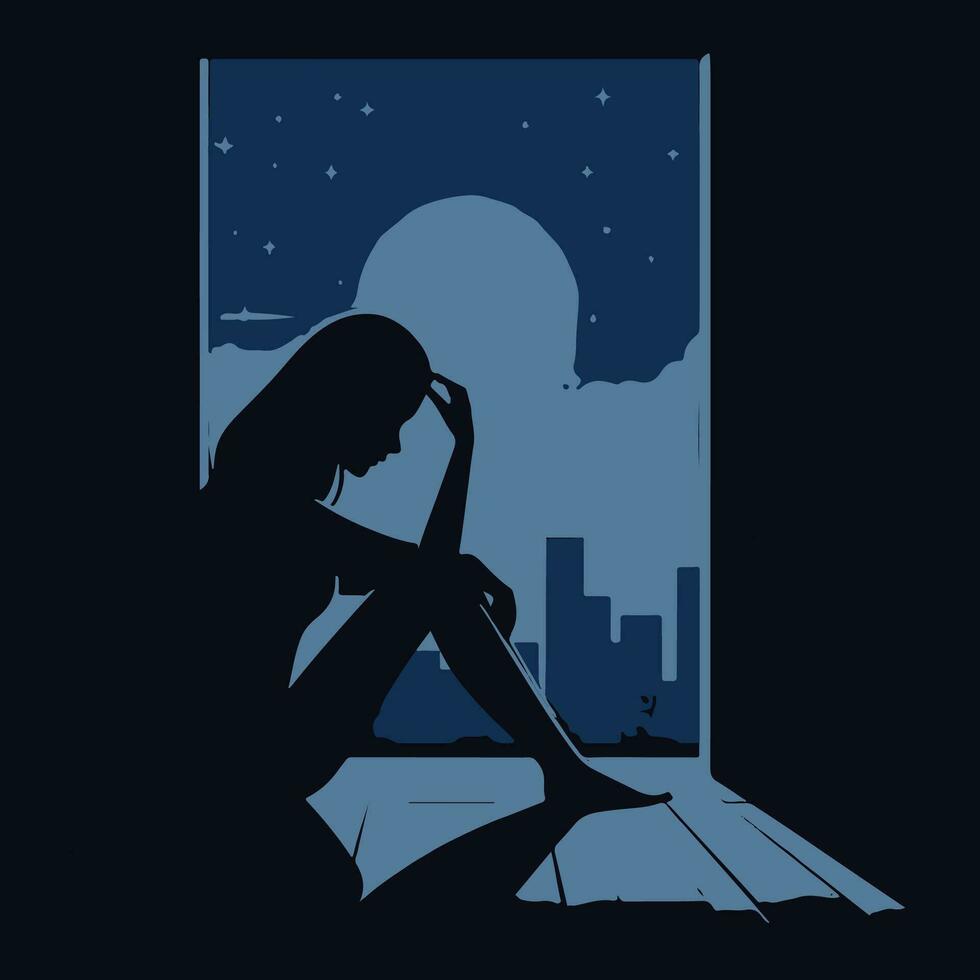 silueta de un triste mujer sentado en el ventana a noche vector