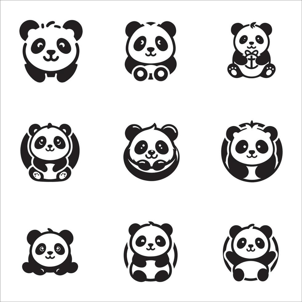 Set of cute panda icons in black and white. Vector illustration.