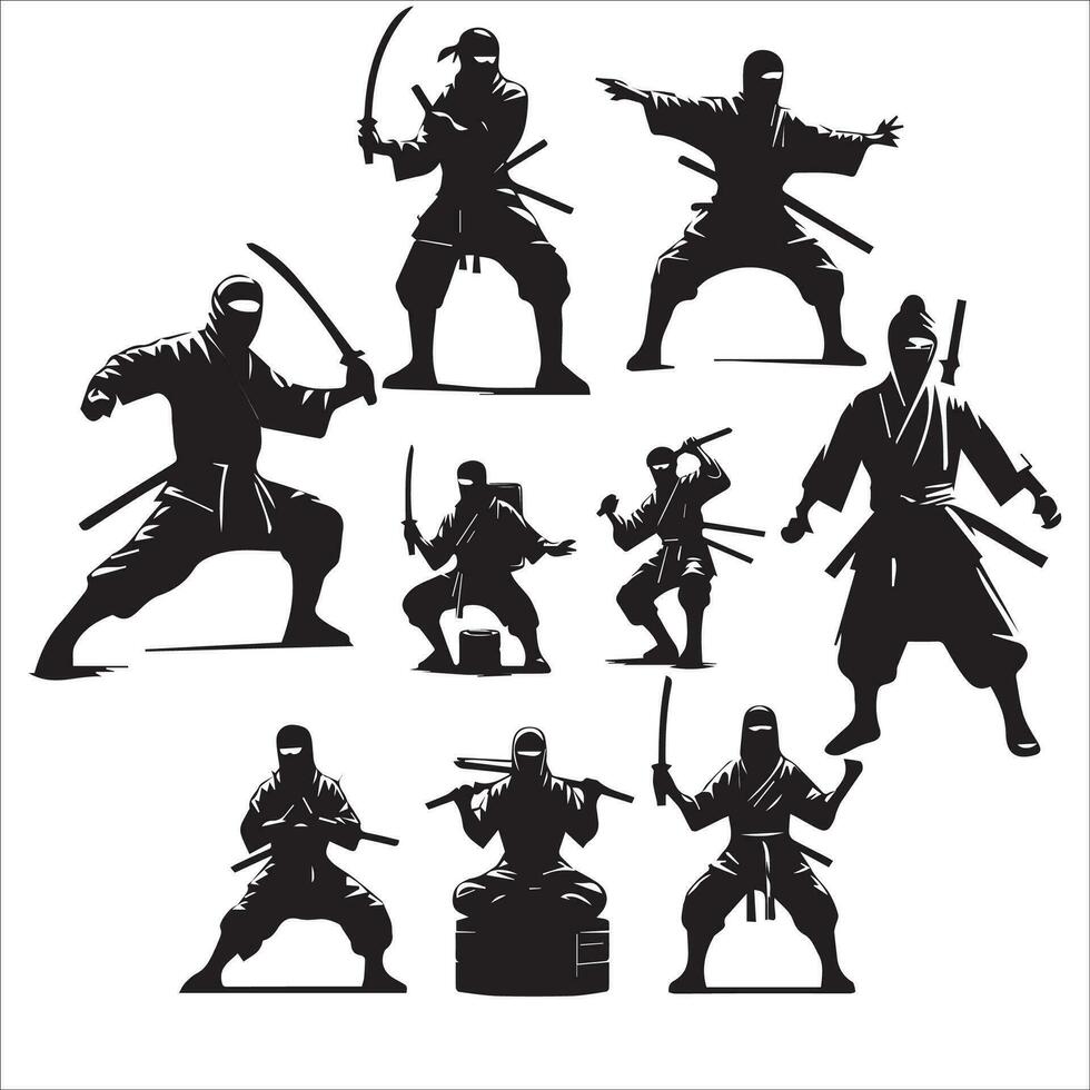 Kendo fighter silhouettes. Vector illustration. Isolated on white background.