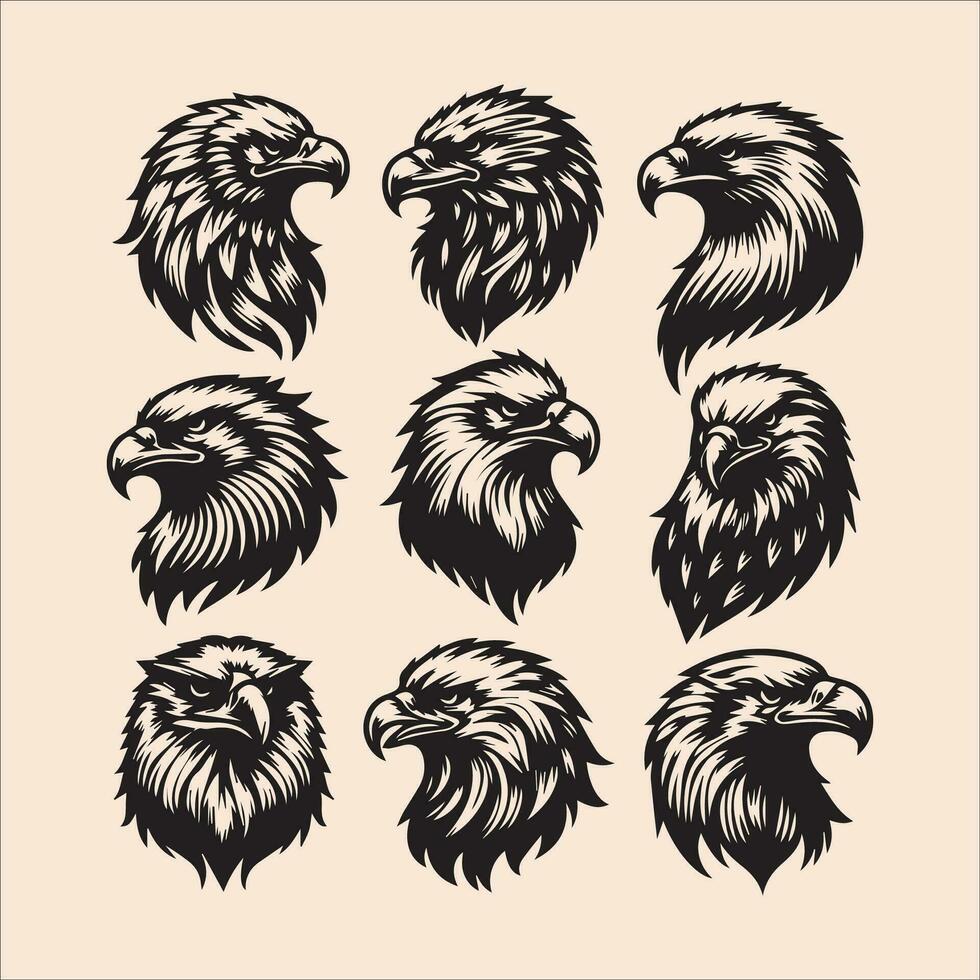 Eagle head set in black and white colors. Vector illustration.