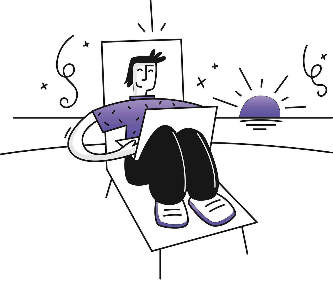 Illustration of a man sitting on a chair and working in a laptop. vector