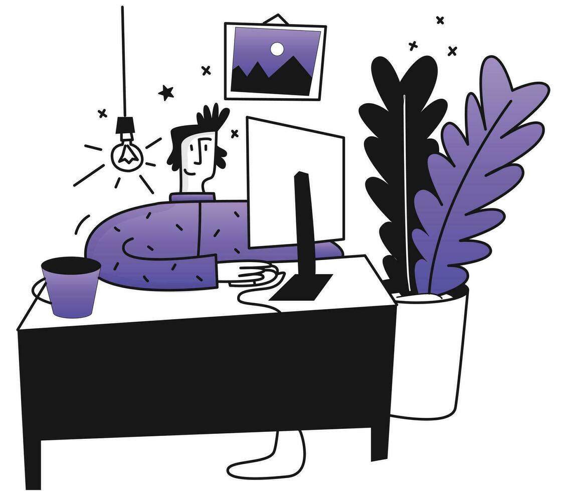 Illustration of a man working at his desk in the office. vector