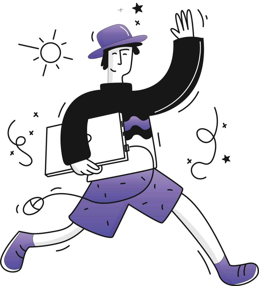 ilustración de un hombre corriendo con un ordenador portátil en su mano vector