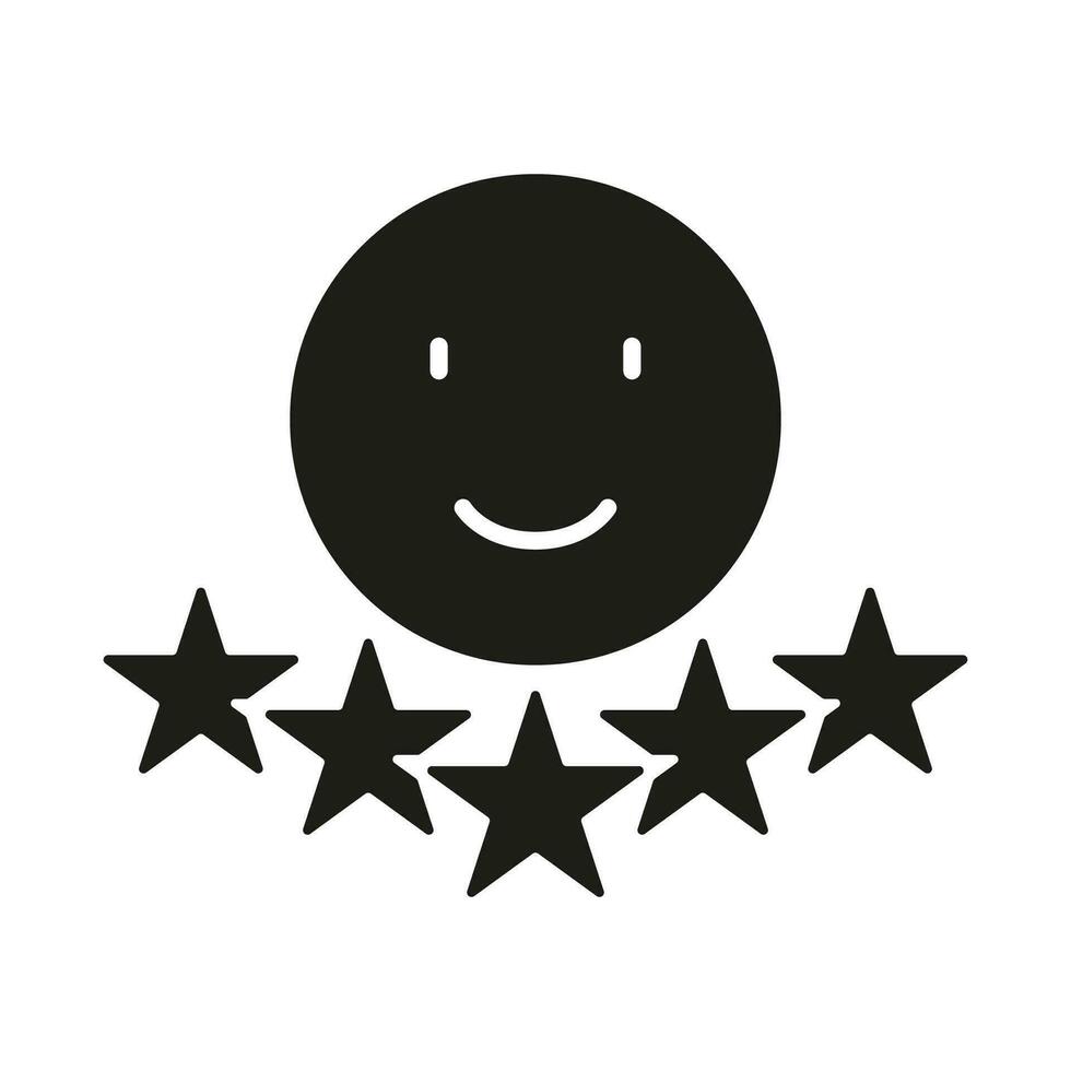 Positive Feedback Silhouette Icon. Five Stars User Experience Glyph Pictogram. Happy Emoticon Solid Sign. Customer Review Symbol. Client Satisfaction. Isolated Vector Illustration.