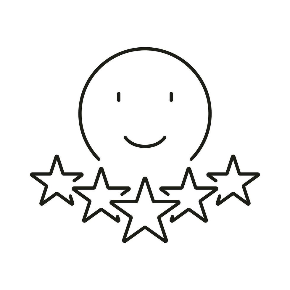 Positive Feedback Line Icon. Happy Emoticon Linear Pictogram. Five Stars Experience Outline Symbol. Customer Review, Client Satisfaction Sign. Editable Stroke. Isolated Vector Illustration.