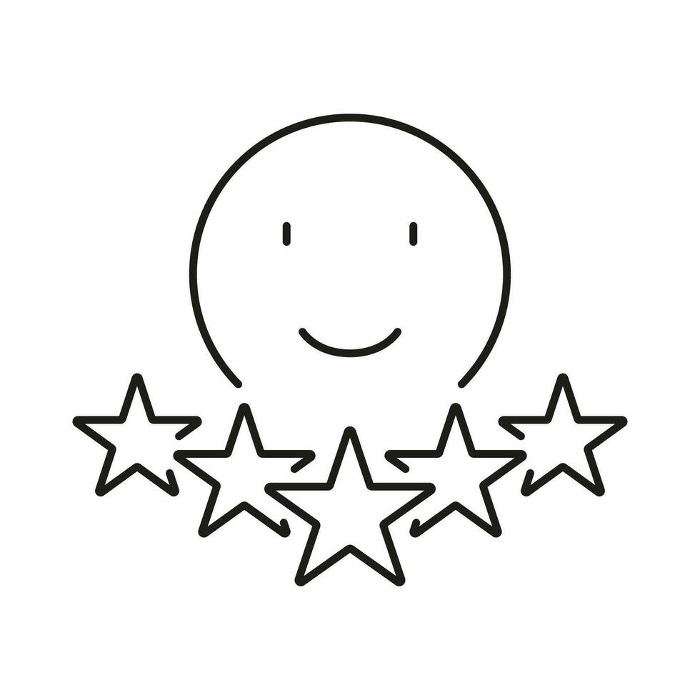 Positive Feedback Line Icon. Happy Emoticon Linear Pictogram. Five Stars Experience Outline Symbol. Customer Review, Client Satisfaction Sign. Editable Stroke. Isolated Vector Illustration.