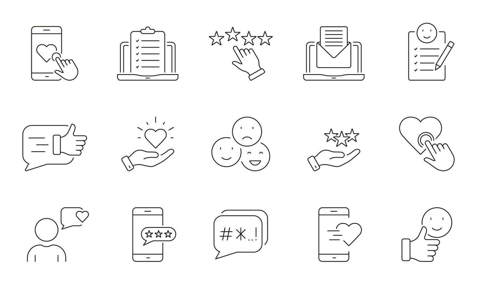 Customer Satisfaction Line Icon Set. Feedback Symbol Collection. Online Testimonial Linear Pictogram. Client Review Outline Sign. Editable Stroke. Isolated Vector Illustration.