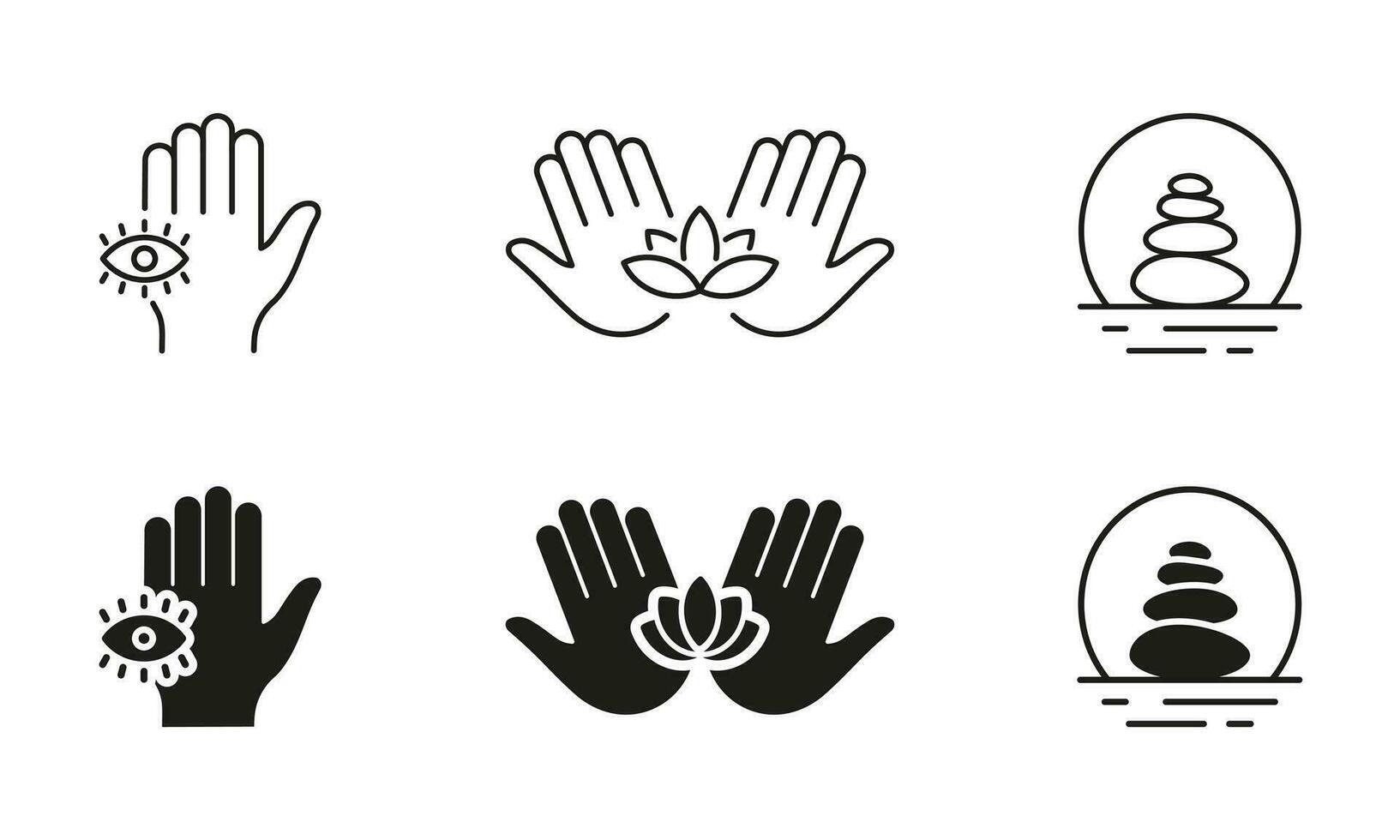 Wellness Silhouette and Line Icons Set. Massage And Acupuncture Pictogram. Wellbeing Black Symbol Collection. Human Hand Holding Lotus, Stone Balance. Isolated Vector Illustration.