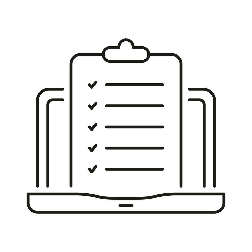 Clipboard With Checklist On Laptop Line Icon. Application Form Linear Pictogram. Questionnaire List Outline Symbol. Online Test On Computer Sign. Editable Stroke. Isolated Vector Illustration.