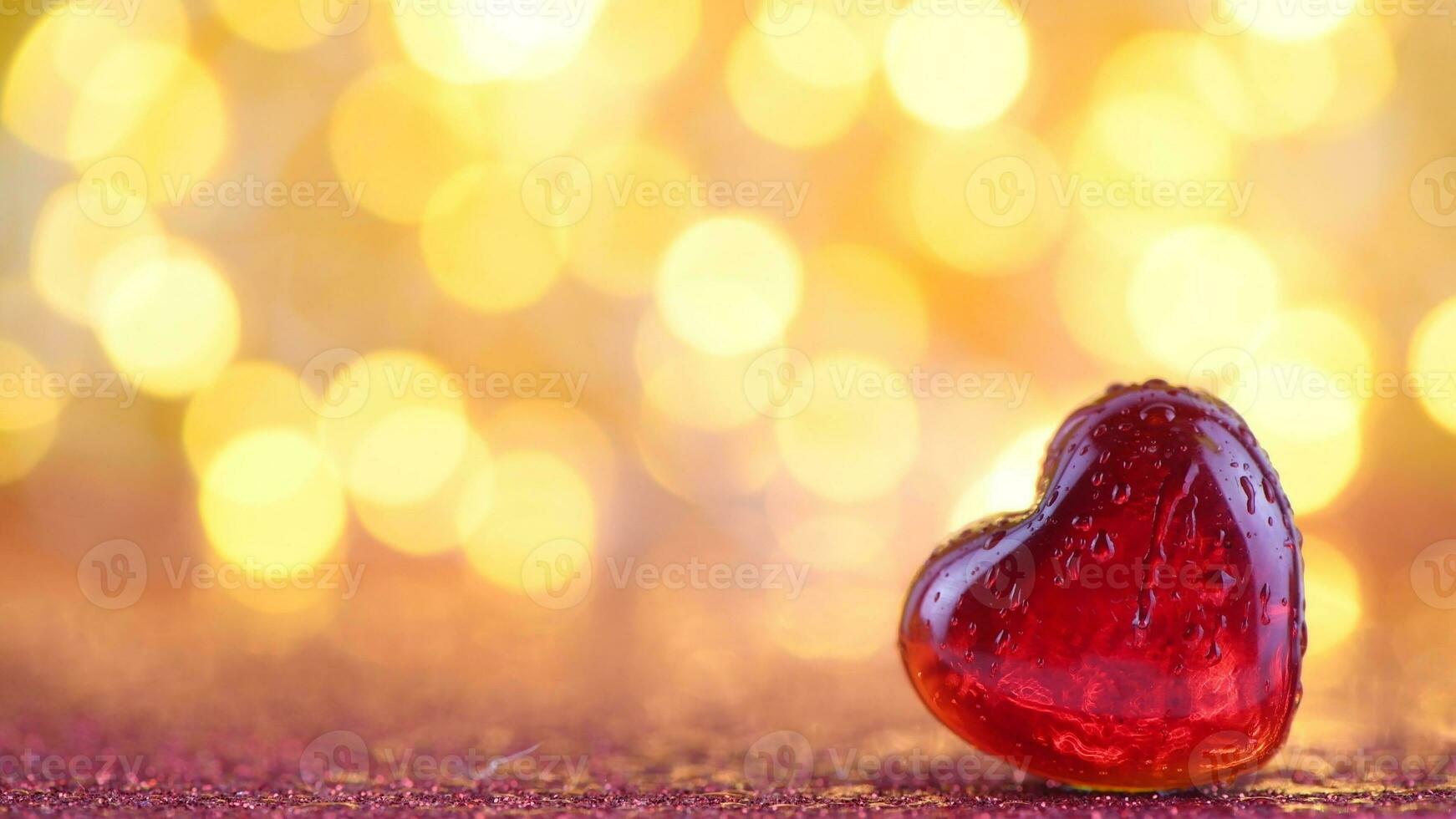 4K drops of water drip on the red glass heart. photo