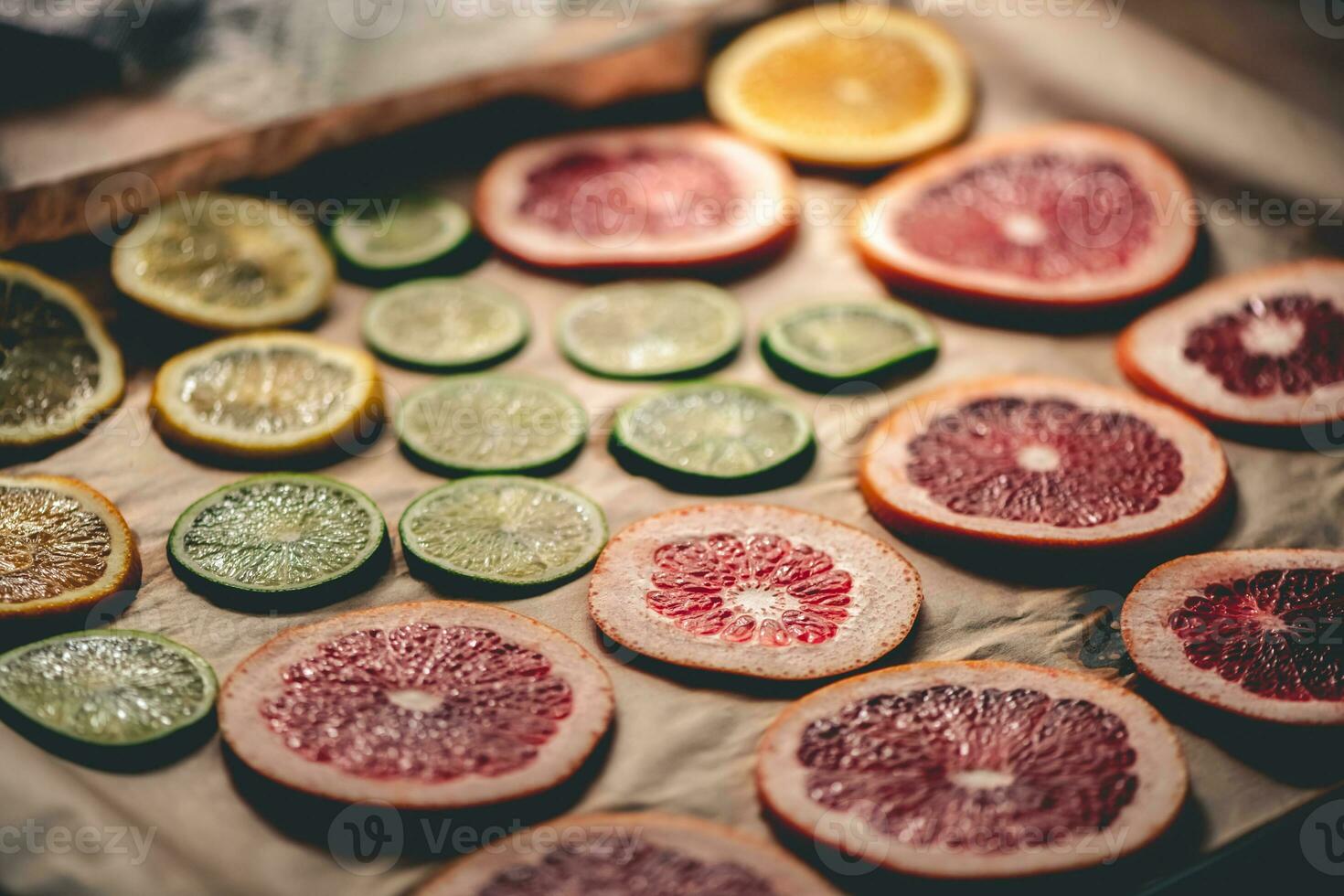 Sliced orange, tangerine and grapefruit slices on baking sheet