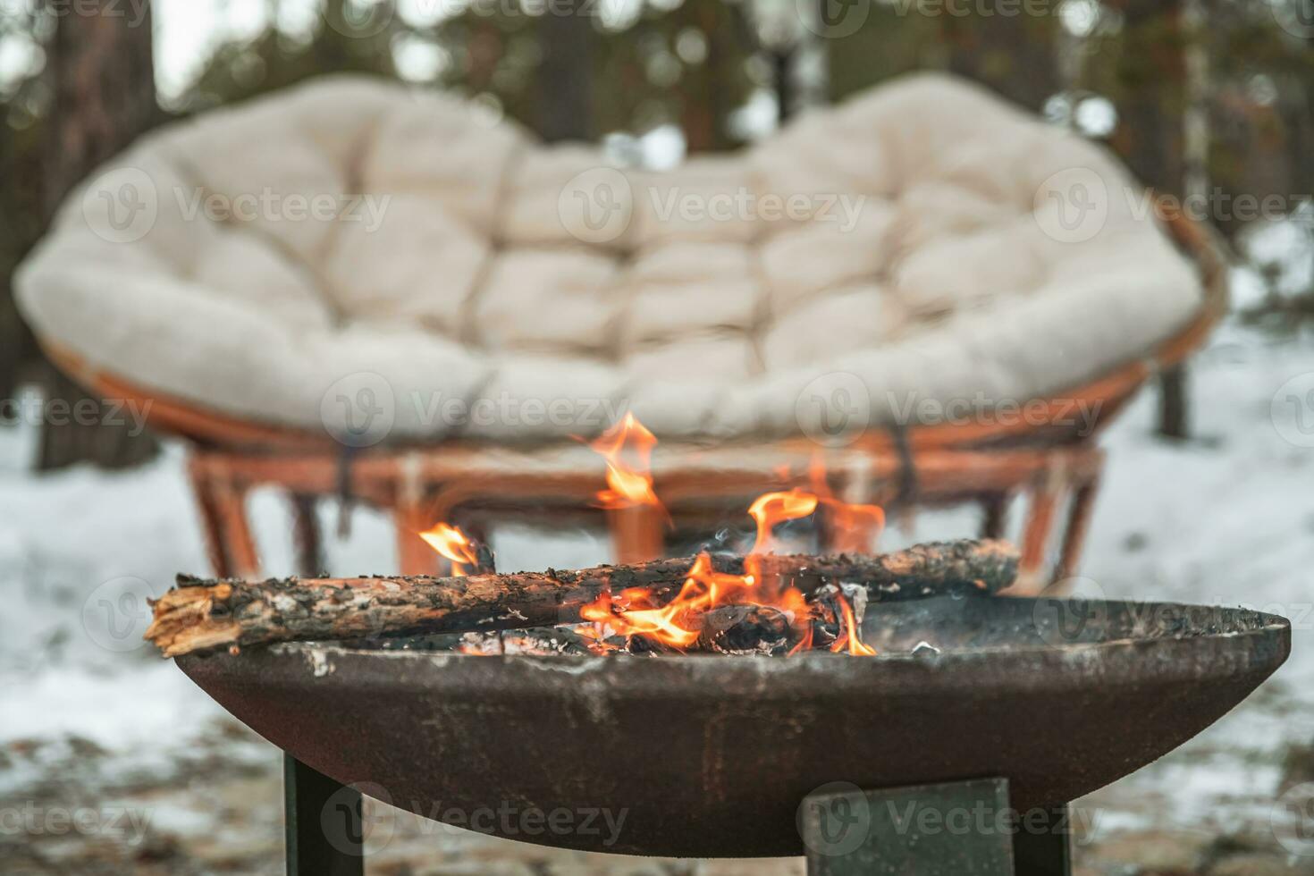 fire campfire bowl outdoors in winter. cozy atmosphere photo