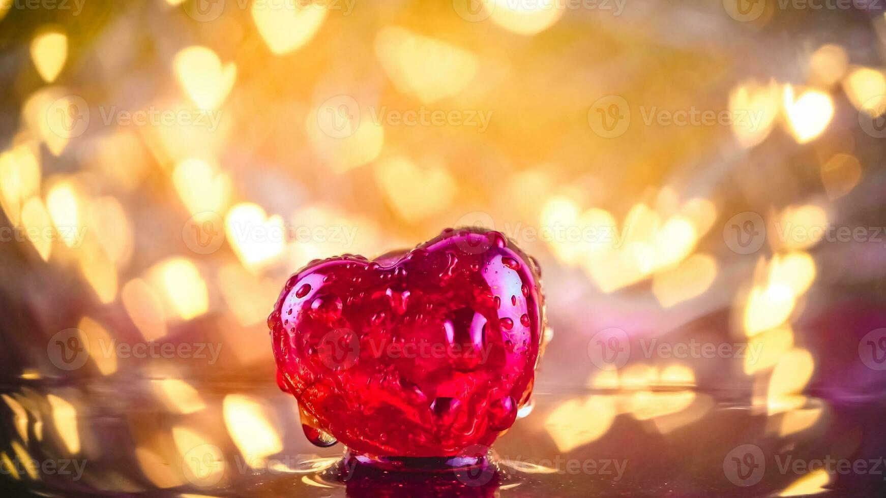 drops of water drip on the red glass heart. photo