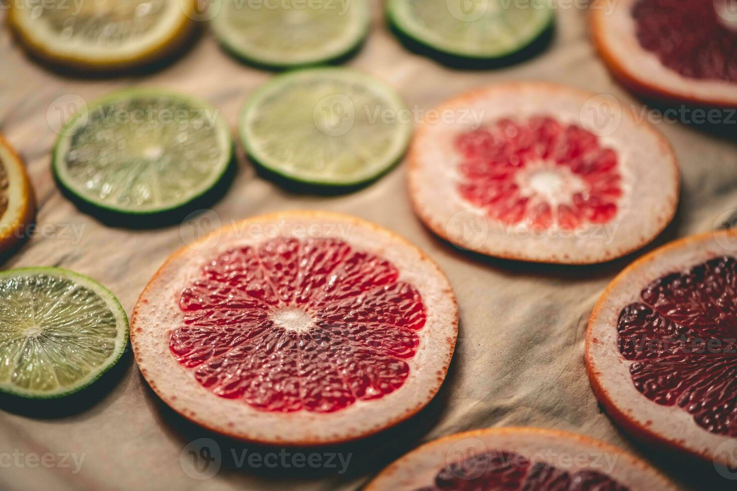 Sliced orange, tangerine and grapefruit slices on baking sheet, preparing citrus wedges for