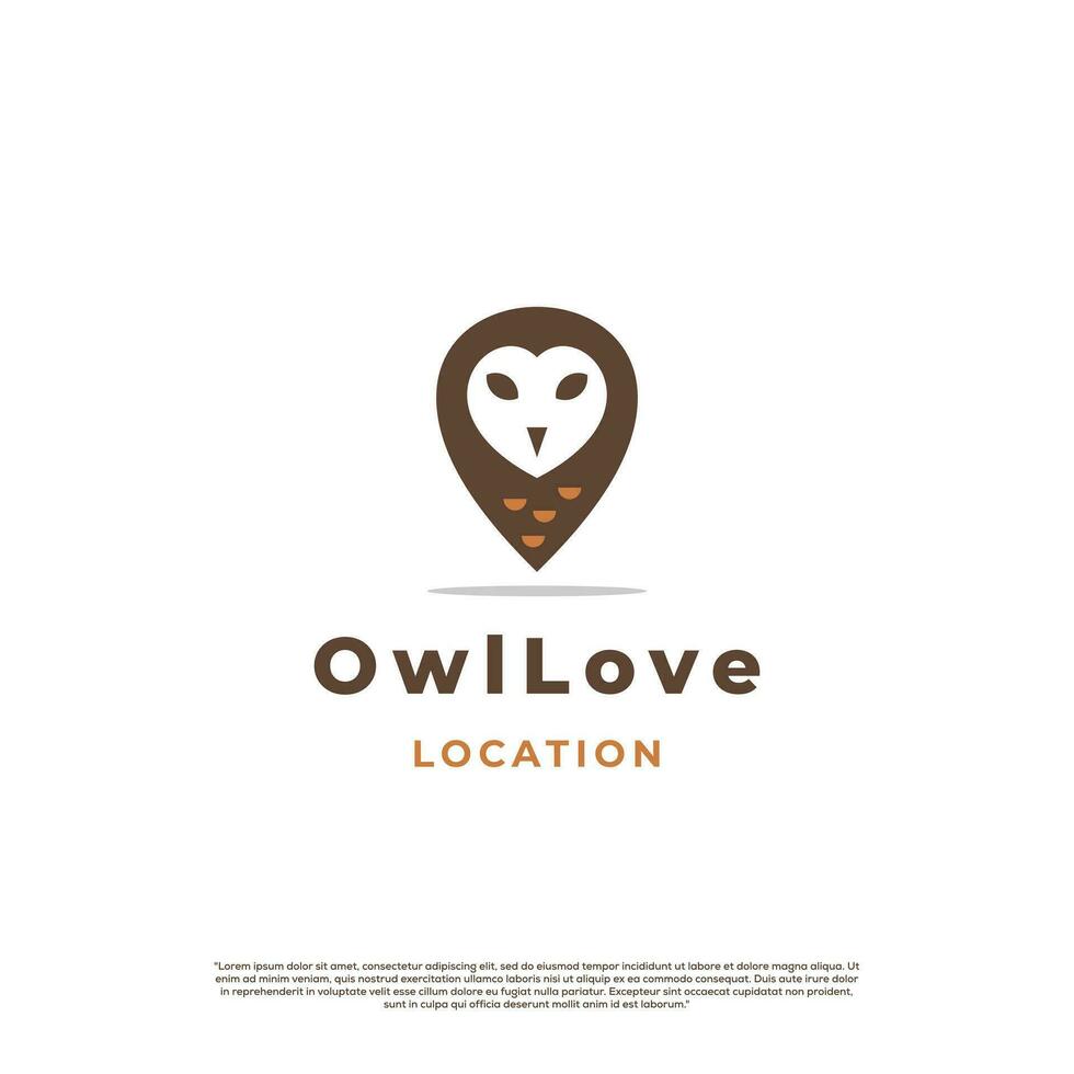 Owl love location logo, owl face with map pointer logo concept modern vector