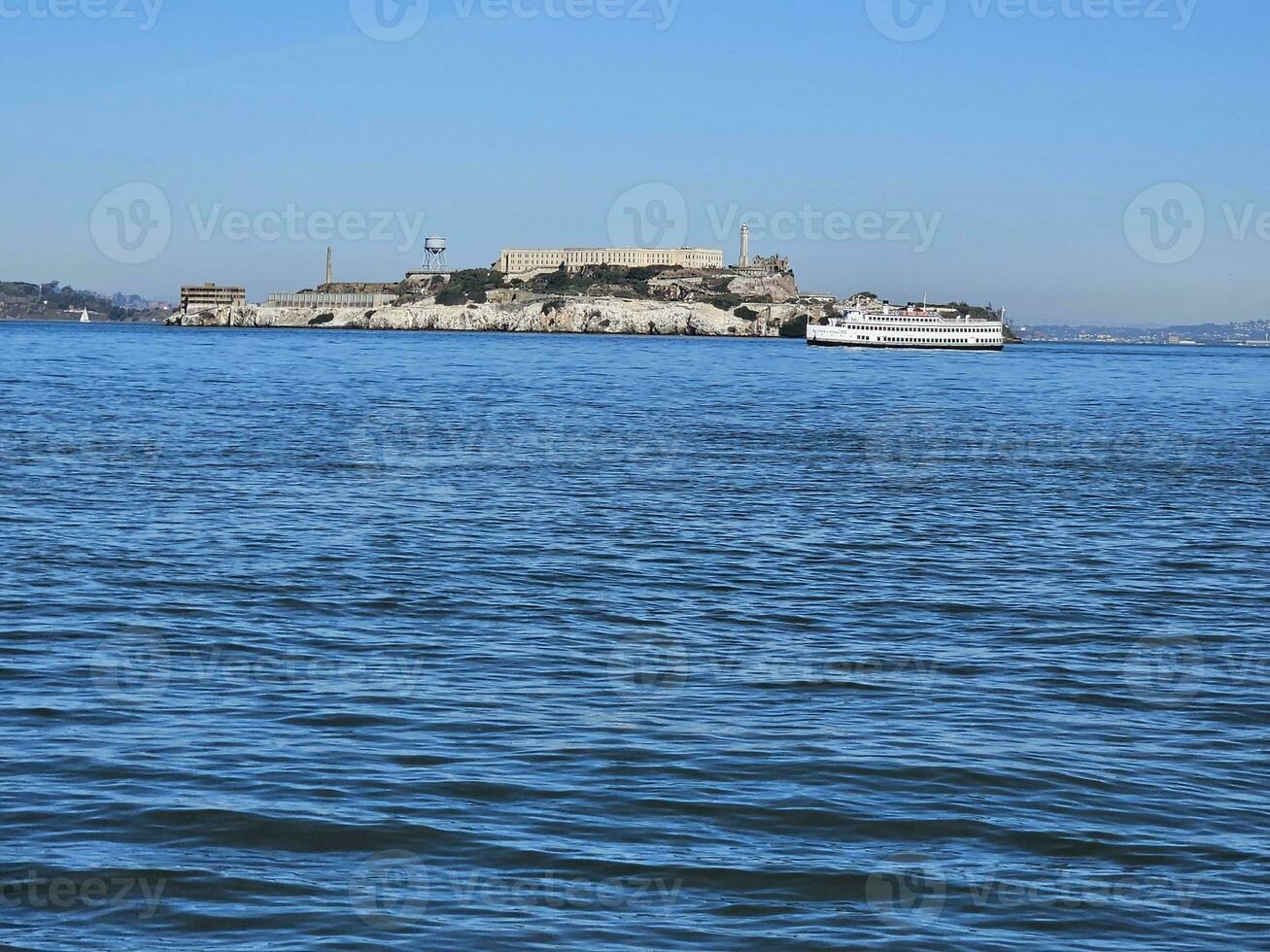 View of Alcatraz Island from Fort Mason port in San Francisco California photo