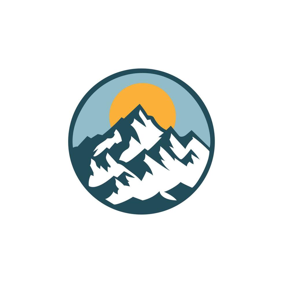 majestuoso amanecer terminado escabroso montaña picos adjunto en un circular emblema diseño vector