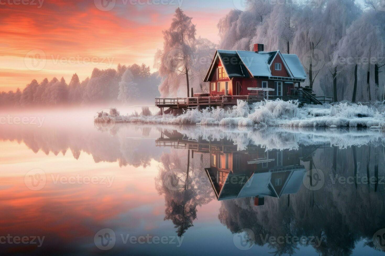 AI generated Frozen Lakeside Reflections - Generative AI photo