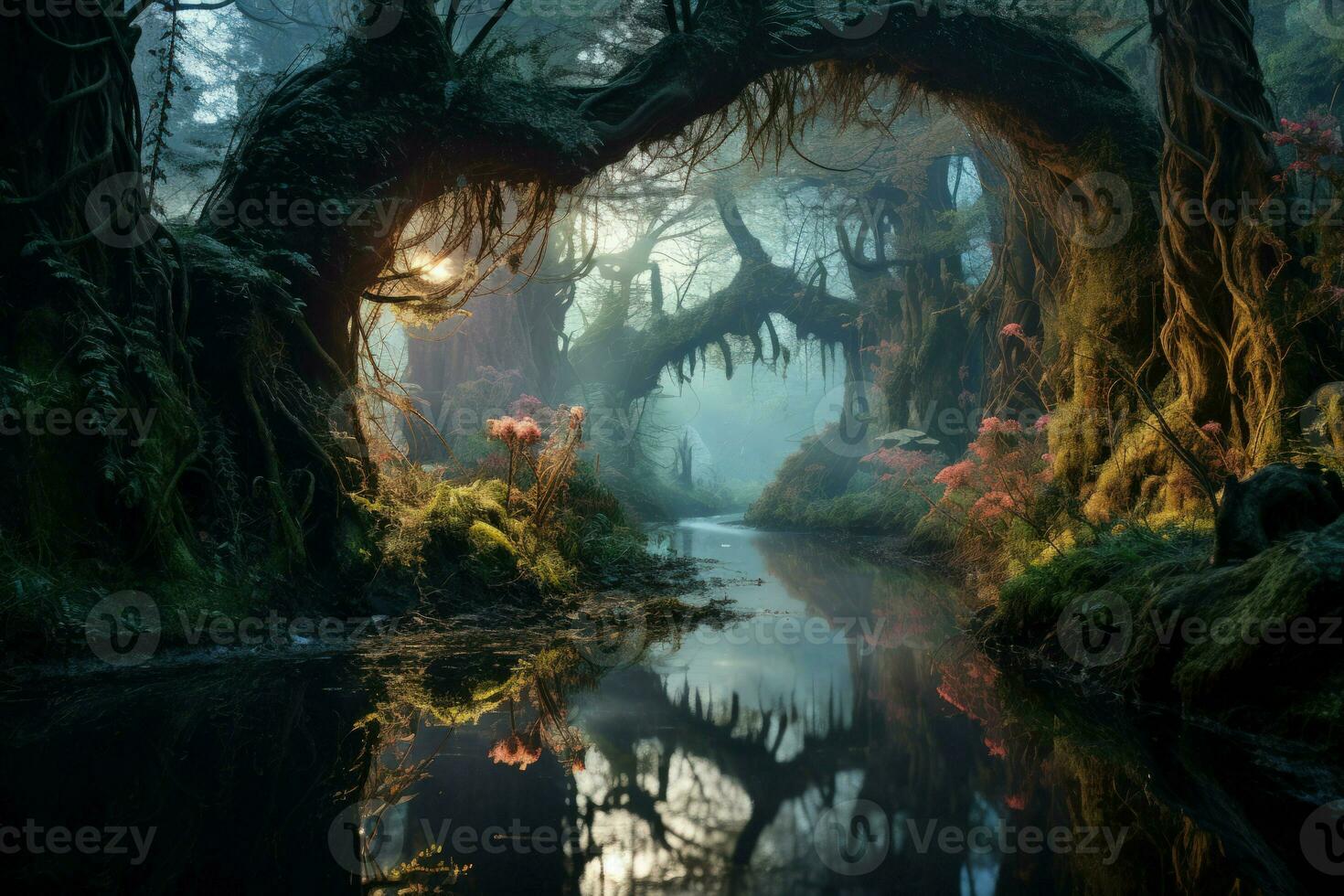 AI generated Enchanted forests with sentient talking trees - Generative AI photo