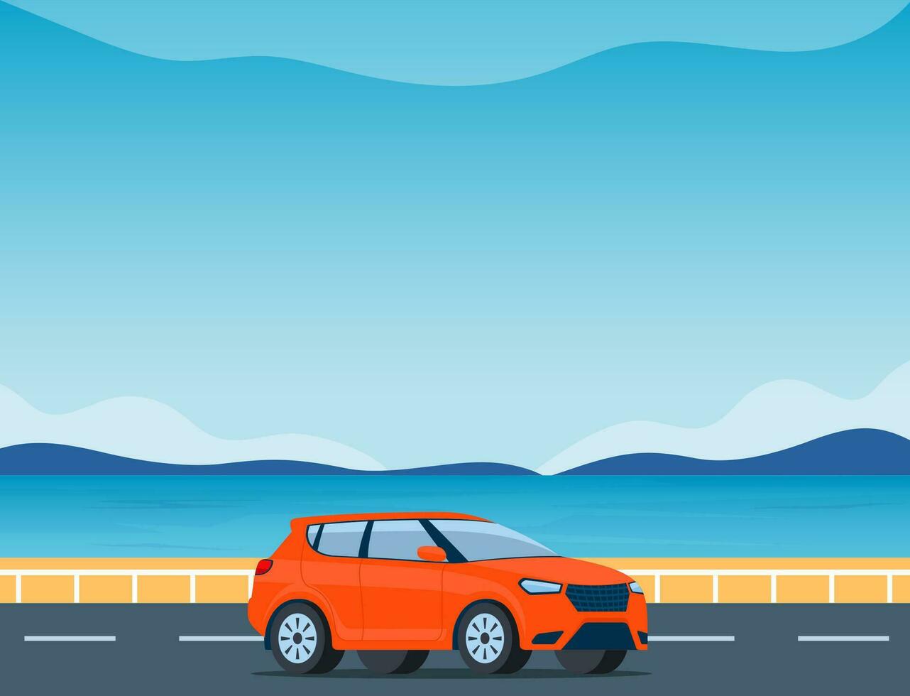 Traveling by car. Car drive along road towards trip adventure. Summer vacation tourism background with sea, beach and mountains. Vector illustration.