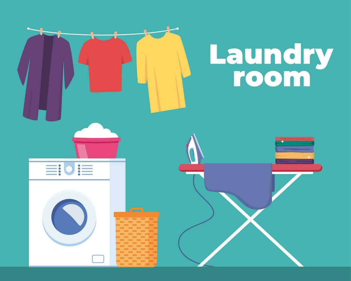 Modern laundry room interior with washing machine, ironing board, clean sheets drying on rack, dirty clothes in basket. Vector illustration.
