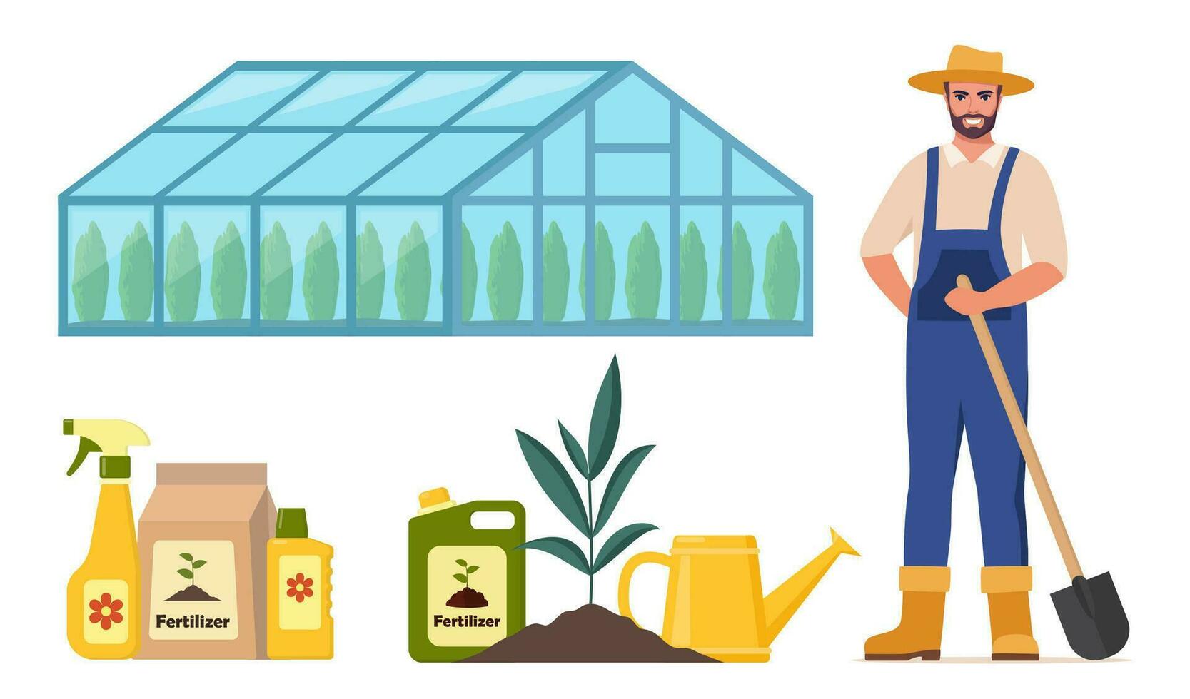 Farmer character and different farm elements. Greenhouse, fertilizers, watering can. Set of elements on farm theme. Vector illustration.