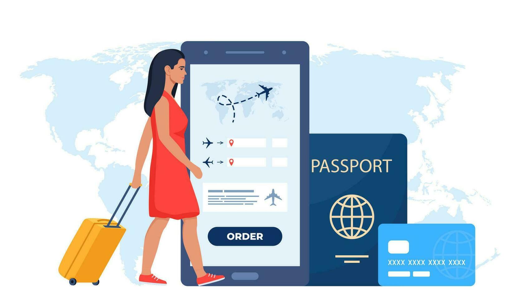Mobile app for buying ticket with smartphone. Booking flights travel. Air tickets, passport, woman walking with suitcase. Travel, journey, business trip. Vector illustration.